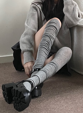 褶皱叠穿长筒袜薄款纯色纯欲甜美拼接过膝高筒大腿袜女
