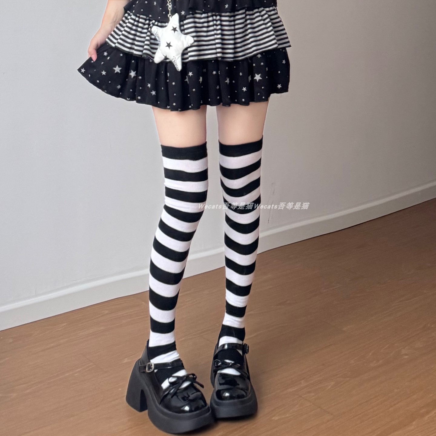wecats 条纹过膝袜亚文化二次元cos日系甜酷少女长筒袜高筒袜