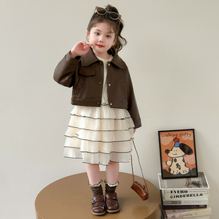 女童春秋皮衣外套蛋糕裙两件套2026新款 儿童洋气衣服女宝宝公主裙