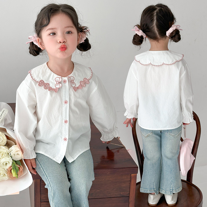 女童春装衬衫2025新款儿童韩版纯色长袖女宝宝纯棉衬衣小童内搭潮