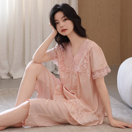芬腾可安睡衣女夏季短袖天丝麻七分裤公主风蕾丝家居服薄款套装