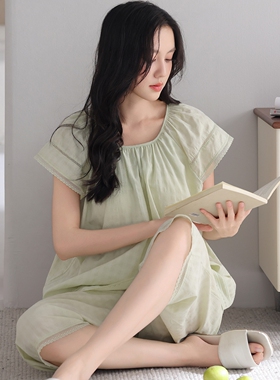 芬腾可安梭织棉睡衣女夏短袖棉纱薄款七分裤新款绿色带胸垫家居服