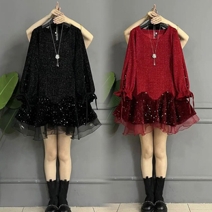 气质名媛小香风微胖大码洋气长袖连衣裙小个子时尚网纱拼接显瘦裙