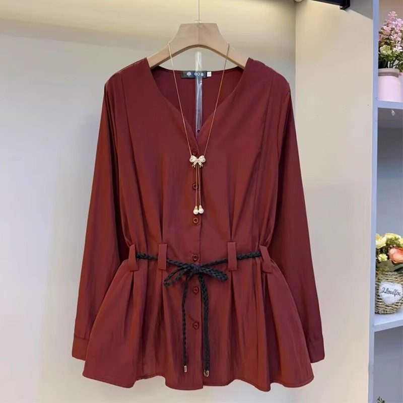大码胖MM法式复古优雅V领长袖衬衫上衣腰带装饰设计感百搭衬衫女,女装/女士精品,衬衫,淘宝优惠券,粉丝福利购,淘宝优惠卷