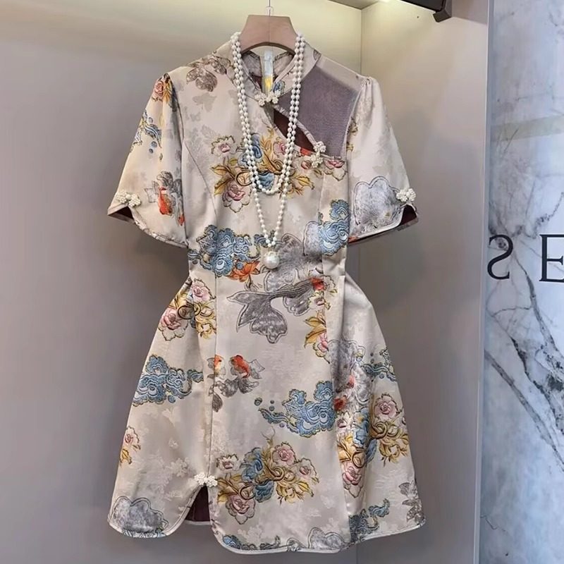 大码胖妹妹国风复古改良版旗袍裙2025夏季新款提花设计感显瘦裙子