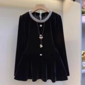 胖MM显瘦轻奢遮肚法式 欧货遮肉大码 显瘦气质高雅丝绒女人衫 上衣女