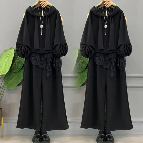 微胖韩版休闲运动套装女24秋季新款高级感轻奢蕾丝拼接卫衣两件套