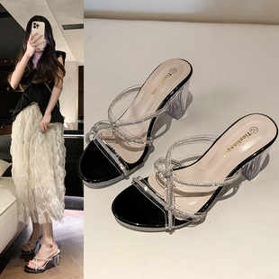 粗跟高跟鞋8CM夜店防水台透明水晶带钻时尚气质模特走秀凉拖鞋女