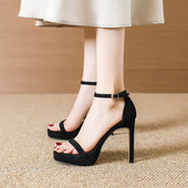 超高跟鞋 12CM夜店性感防水台黑色职业一字扣带模特走秀细跟凉鞋 女