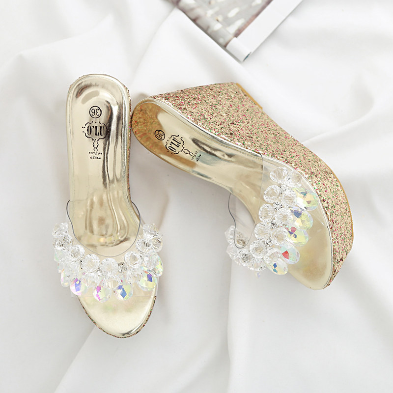 坡跟超高跟鞋8CM夜店内增高厚底透明水晶玻璃钻亮片鱼嘴凉拖鞋女