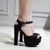 扣带鱼嘴模特走秀粗跟凉鞋 超高跟鞋 15CM夜场防水台性感绒面时尚 女