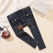 辣妹时尚 百搭显瘦小脚牛仔裤 翻盖提臀高腰弹力铅笔牛仔裤 女秋冬款