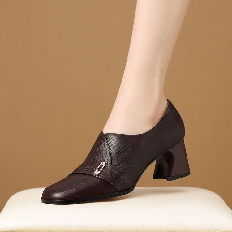 深口单鞋低跟小皮鞋头层牛皮时尚百搭一脚蹬方头粗跟舒适女鞋