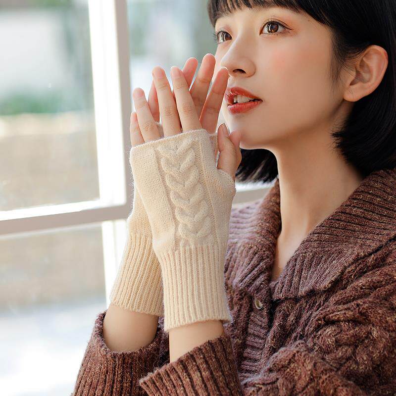 半指手套女秋冬季韩版简约保暖针织毛线手套日系可爱学生半截露指