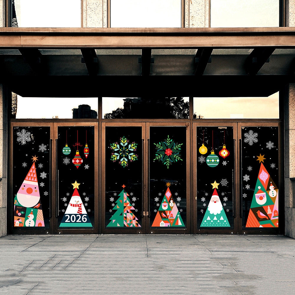 卡通雪人圣诞树玻璃门贴画学校幼儿园餐厅酒店创意装饰布置静电贴图片