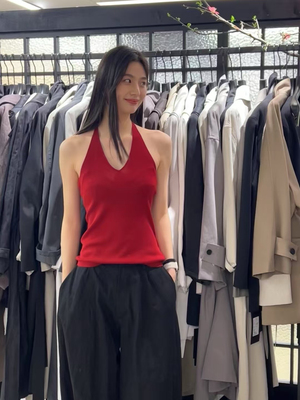 dvz25春秋韩版小众辣妹御姐风天丝羊毛挂脖V领针织吊带背心上衣女