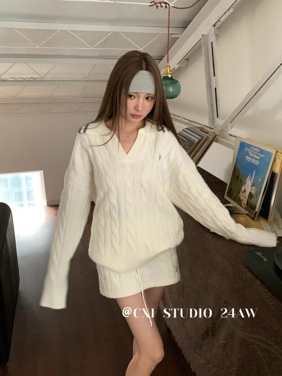 cxi韩系时尚慵懒风毛衣针织套装女秋冬新款翻领宽松版上衣+裤裙