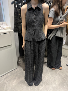 复古小香套装女2024早秋港风气质无袖马甲开衫+高腰直筒阔腿裤