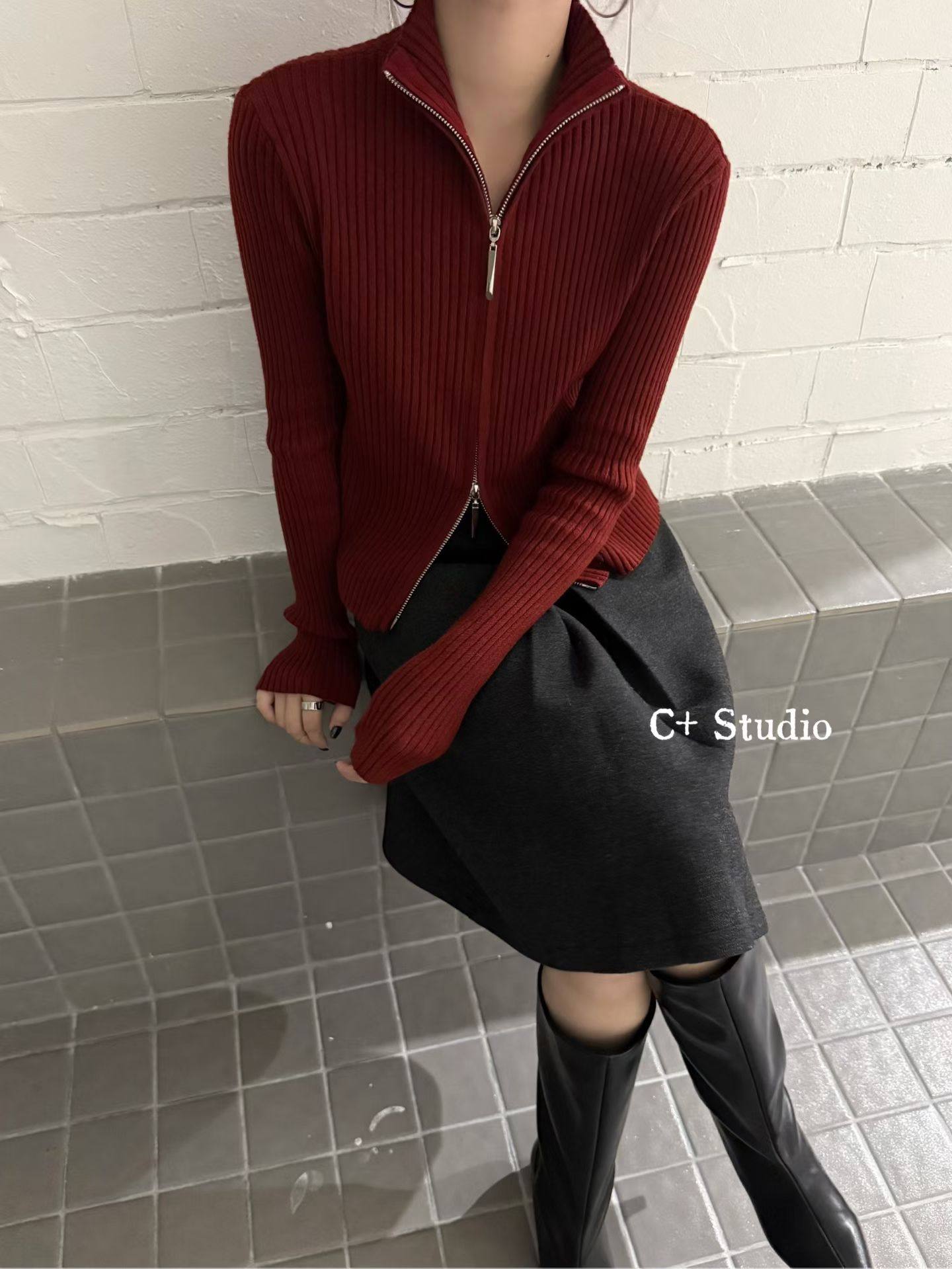 C+2025秋冬新款韩版时尚百搭显瘦拉链长袖针织衫毛衣开衫女装上衣