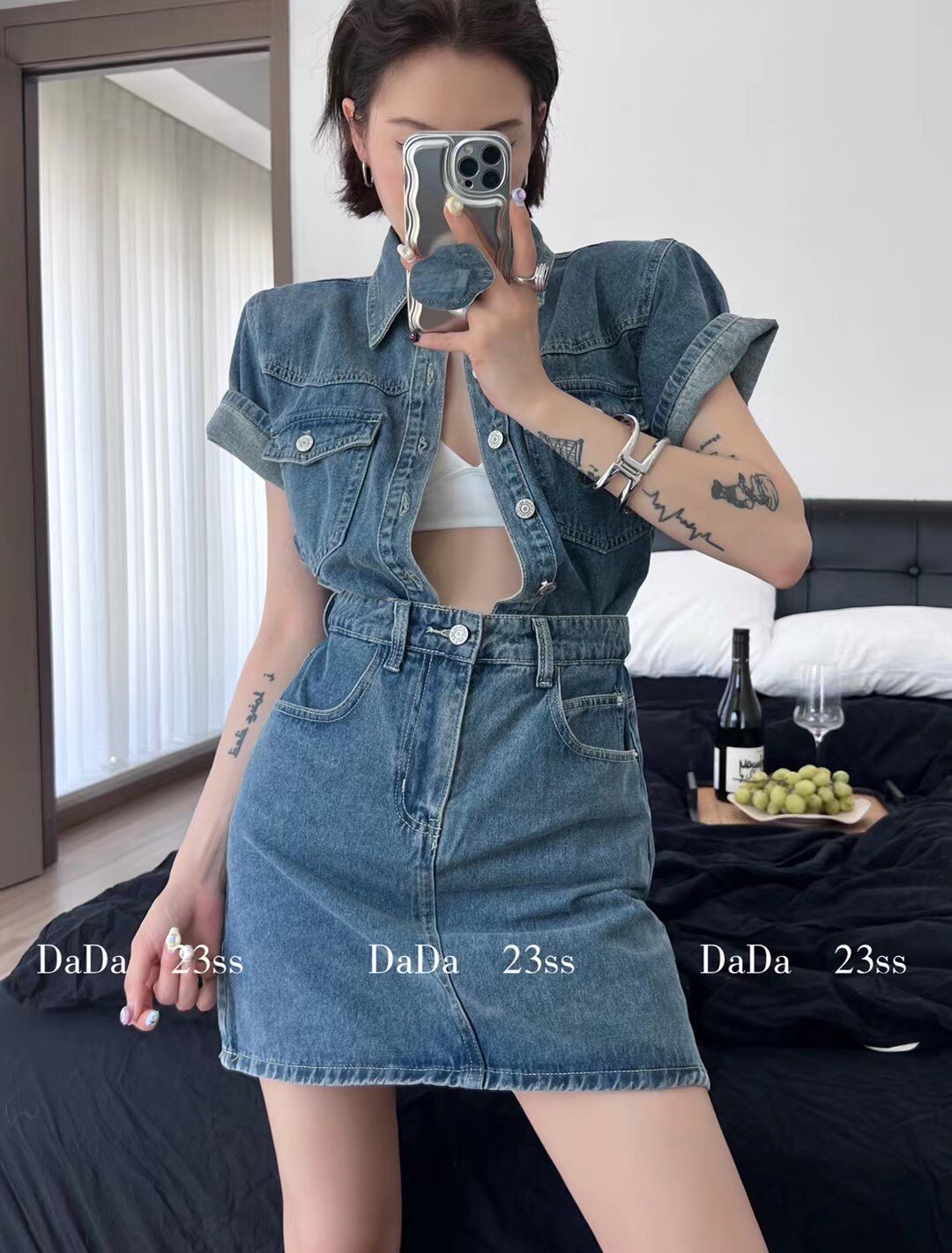 DaDa韩版短袖牛仔连衣裙女夏季新款时尚小众假两件设计修身短裙