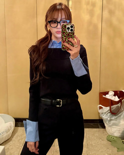 高品质2025秋冬新款时尚百搭假两件撞色polo领衬衣拼接针织毛衣女