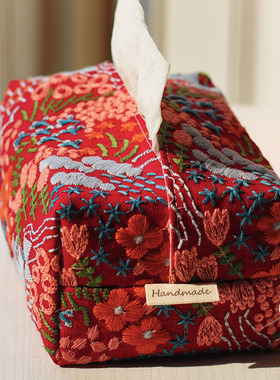 刺绣纸巾盒棉麻布抽纸盒车载纸巾袋结婚喜庆红色摆件节日装饰