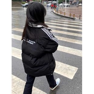 三条杠羽绒棉服女大童秋冬季加厚面包服初中高中学生棉衣棉袄外套