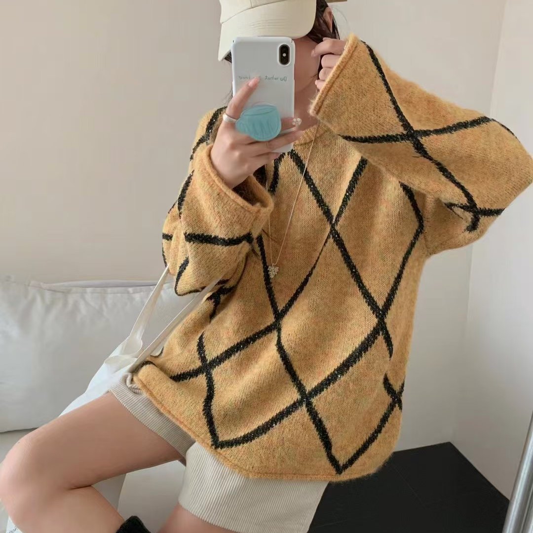 韩版慵懒风亮片重工格纹针织衫秋季新品女装松弛感套头毛衣