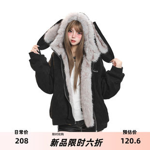 美式复古可拆卸兔耳朵连帽毛领棉服女冬季宽松加厚保暖棉袄外套