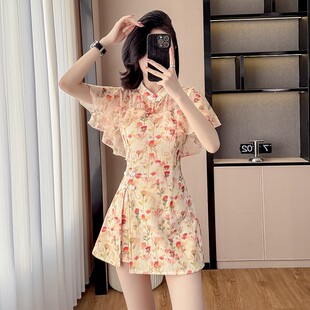 雪纺碎花连衣裙短裤 少女时尚 小个子两件套 女夏年轻款 旗袍改良套装