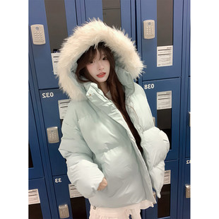 月光蓝可拆卸毛领羽绒棉服男女款 潮流高街棉衣连帽情侣派克服 冬季