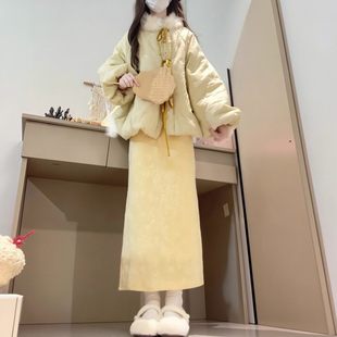 国风毛领棉服外套叠穿连衣裙子套装 冬装 女装 胖mm新中式 一整套大码