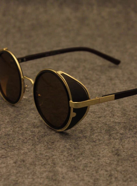 嘻哈潮朋克圆形金边复古黑色墨镜