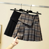 大码 高腰加厚半身裙女秋冬200斤显瘦胖mm弹力a字格子毛呢百褶短裙