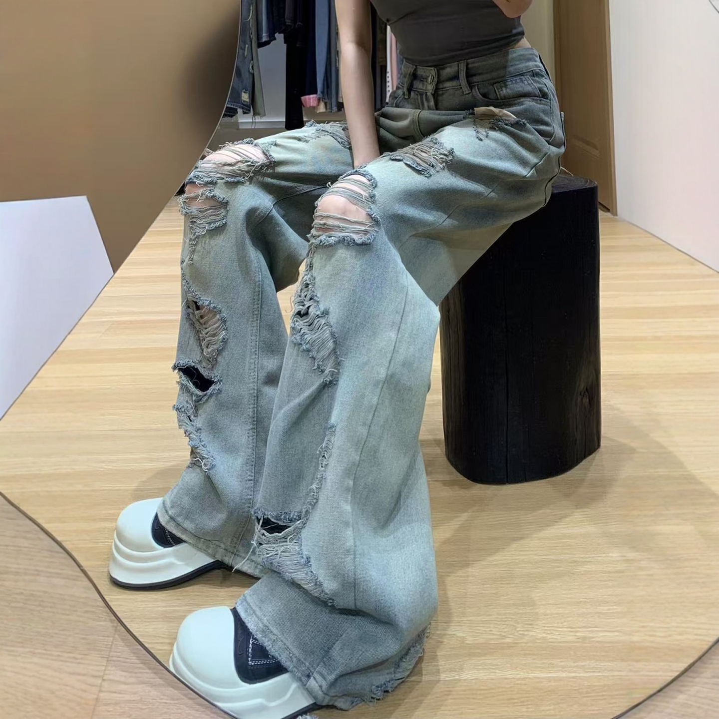 破洞牛仔裤高腰牛仔裤休闲长裤子
