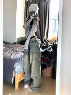 潮 女春秋高街直筒宽松显瘦阔腿垂感拖地裤 美式 水洗做旧毛边牛仔裤