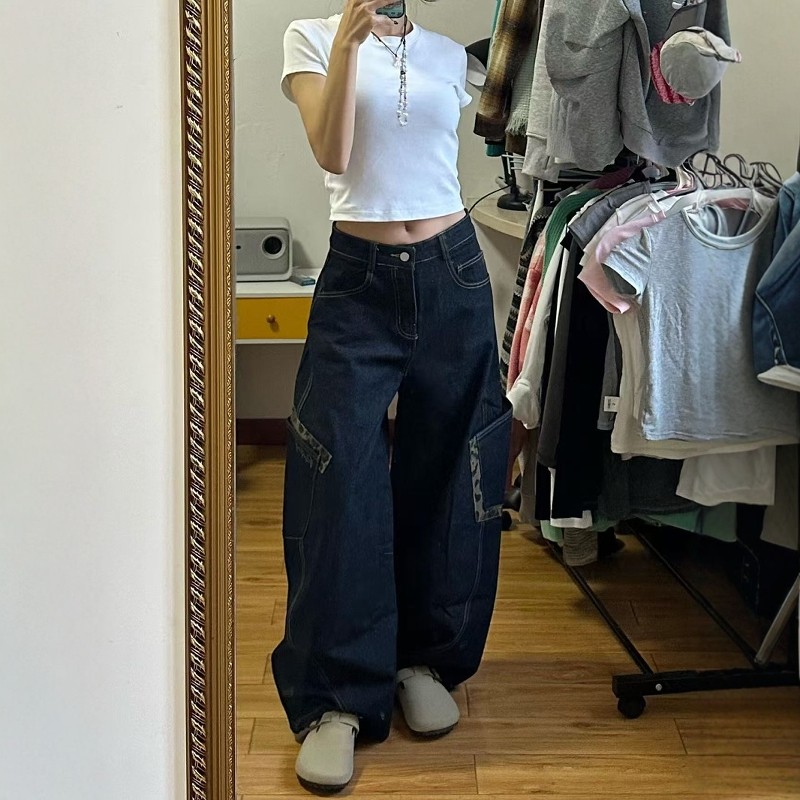 大口袋弯刀工装牛仔裤女2025冬季新款宽松bf高街拖地休闲长裤潮,女装/女士精品,卫裤,淘宝优惠券,粉丝福利购,淘宝优惠卷