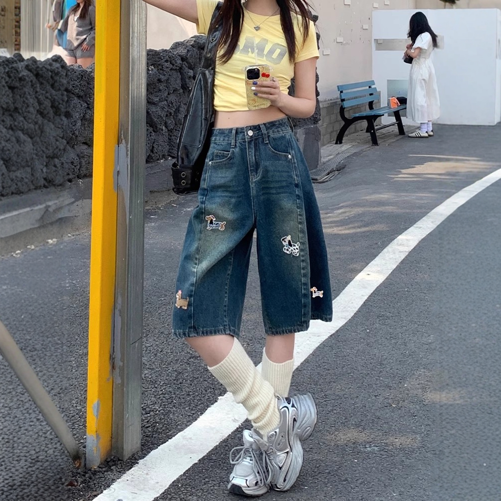 刺绣牛仔裤高腰牛仔裤休闲五分裤