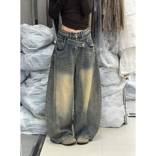 复古做旧水洗阔腿弯刀牛仔裤女2026秋季新款高腰宽松显瘦拖地裤子