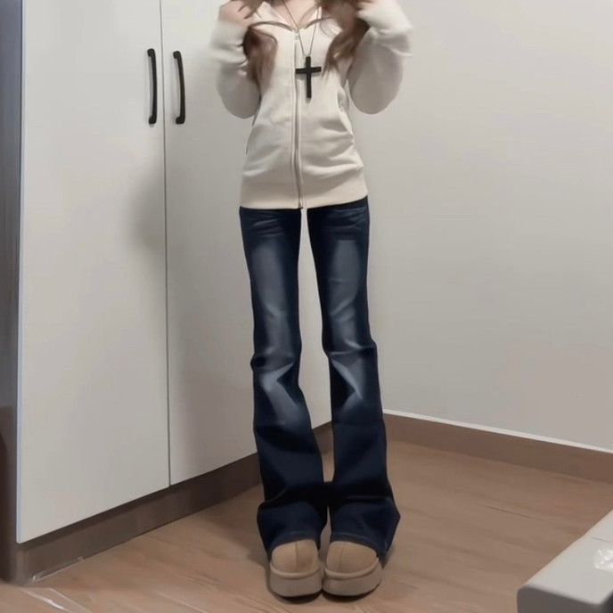 美式复古微喇牛仔裤女秋季新款辣妹低腰修身显瘦喇叭休闲拖地长裤