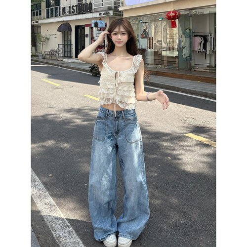 美式复古经典蓝色口袋设计感牛仔裤女2026夏季新款宽松百搭阔腿裤