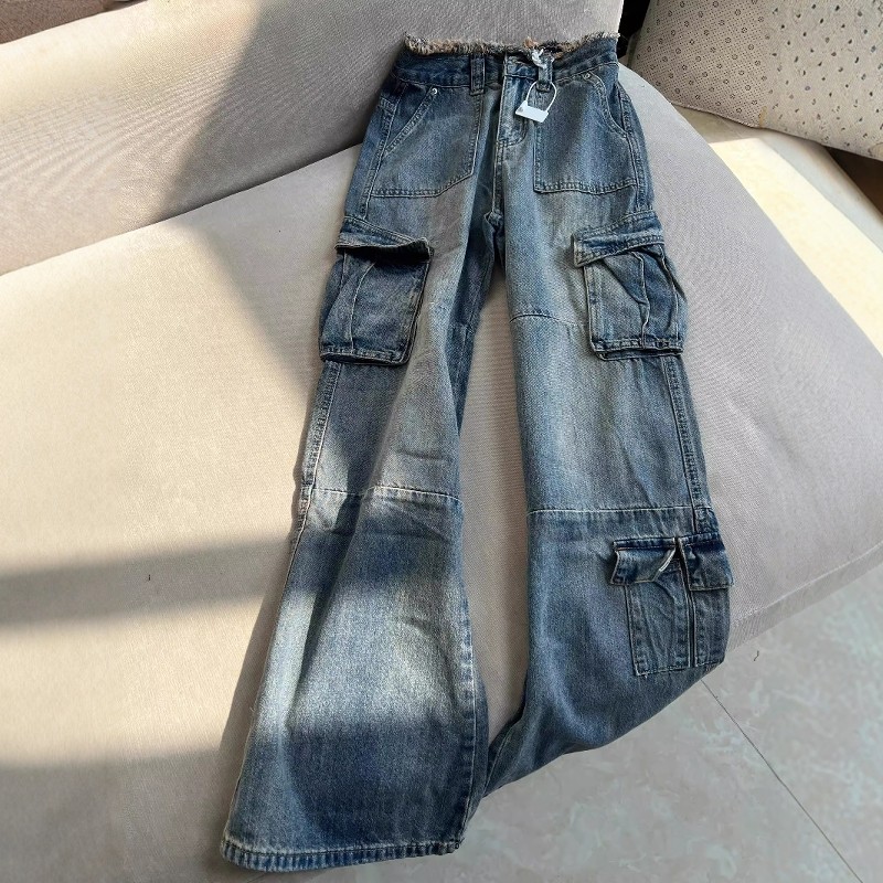 美式高街多口袋工装牛仔裤女2025新款高腰毛边设计感百搭阔腿裤潮,女装/女士精品,卫裤,淘宝优惠券,粉丝福利购,淘宝优惠卷