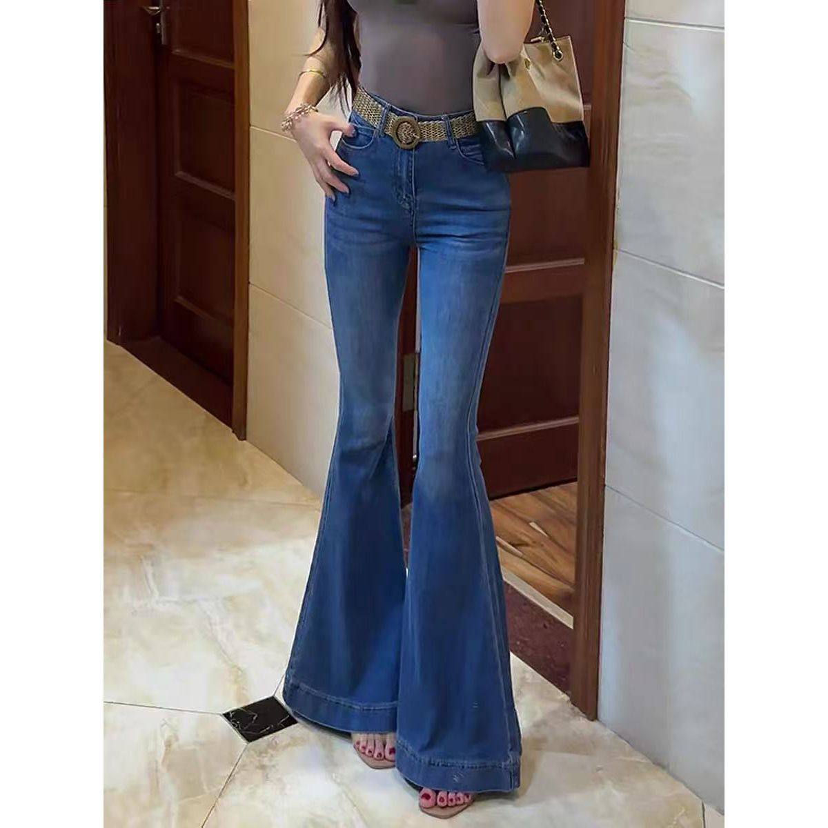 新款修身长腿微喇牛仔裤女2025秋季高腰显瘦时尚鱼尾喇叭长裤子潮,女装/女士精品,卫裤,淘宝优惠券,粉丝福利购,淘宝优惠卷