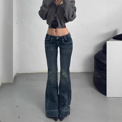 美式辣妹低腰紧身牛仔微喇裤女秋季新款做旧水洗马蹄拖地长裤子潮