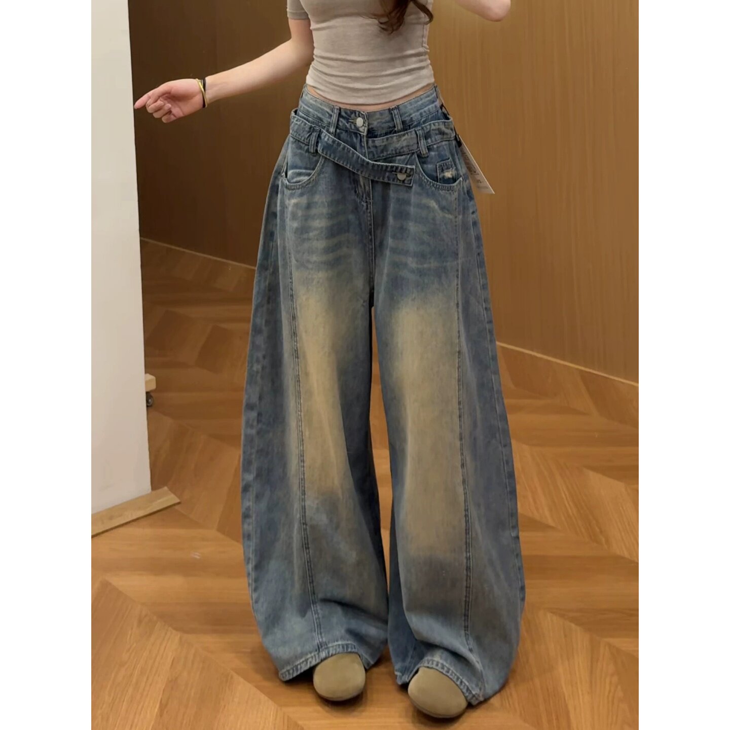 复古蓝做旧设计感宽松阔腿牛仔裤女秋季新款高腰辣妹时尚拖地裤子