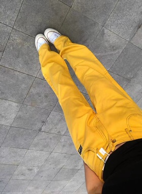 黄色设计感阔腿牛仔裤女夏季新款高腰显瘦街头窄版直筒拖地长裤子