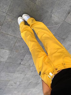 直筒拖地长裤 黄色设计感阔腿牛仔裤 高腰显瘦街头窄版 新款 子 女夏季