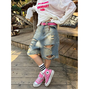 宽松休闲百搭阔腿短裤 女2026夏季 街头水洗做旧破洞牛仔五分裤 美式