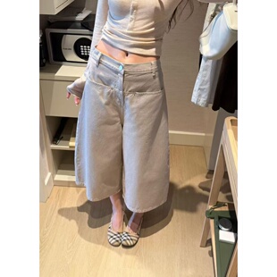 韩版水洗大口袋阔腿七分牛仔裤女2026夏季新款高腰宽松百搭休闲裤