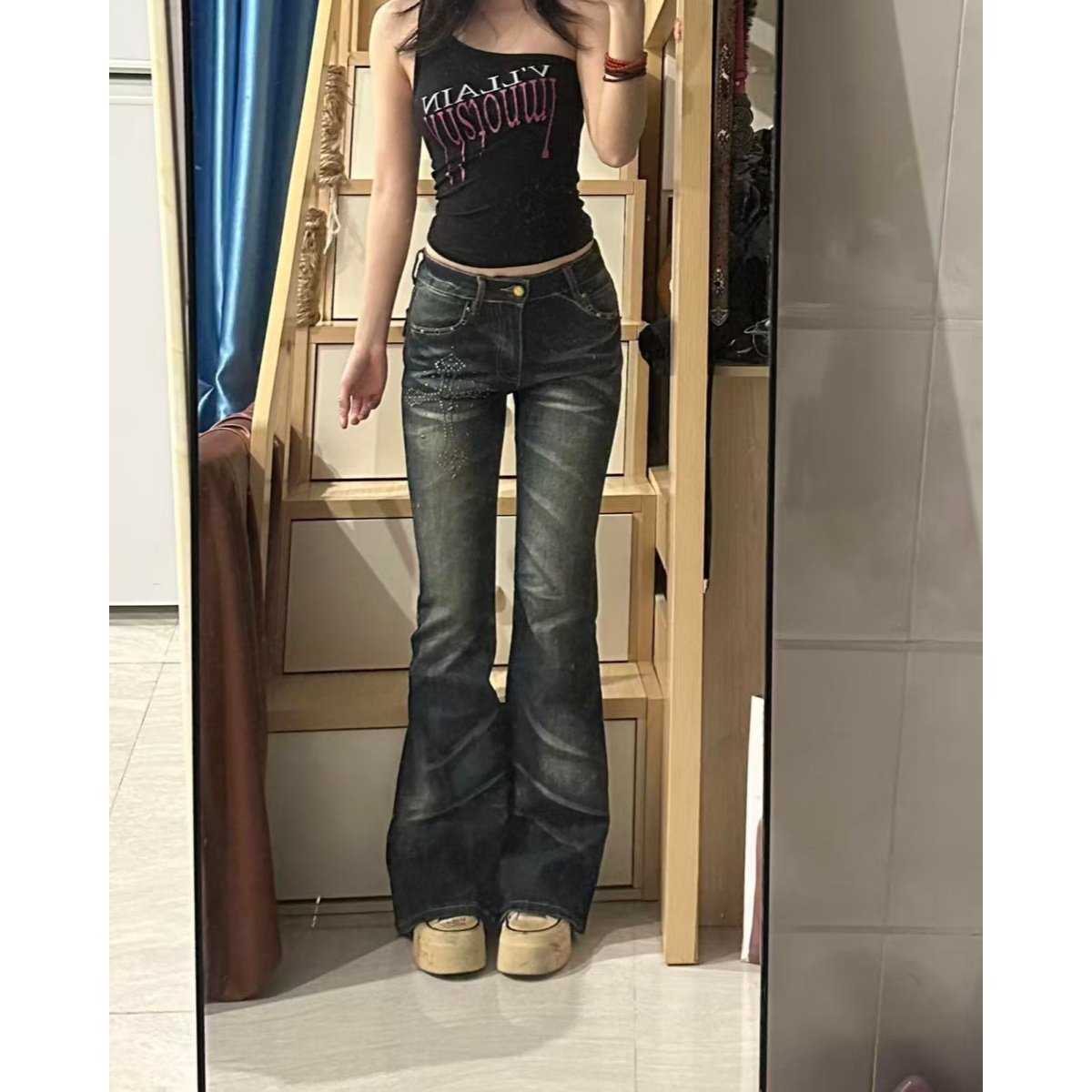 美式复古水洗做旧十字架烫钻微喇牛仔裤女2026辣妹修身显瘦长裤子,女装/女士精品,牛仔裤,淘宝优惠券,粉丝福利购,淘宝优惠卷